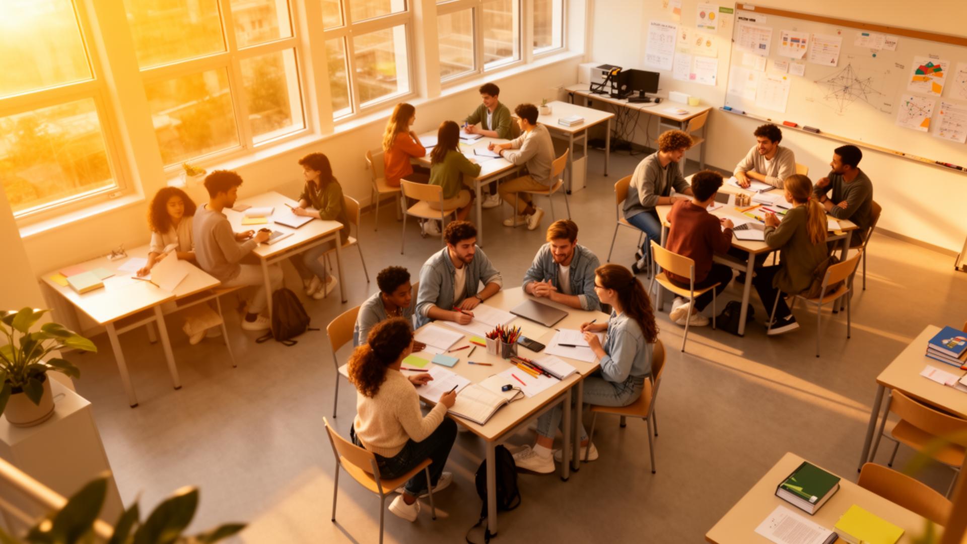 Studenti che collaborano in un'aula moderna